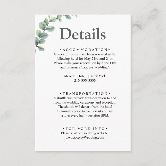 Eucalyptus vattenfärg Rustic Greenery Bröllop Tilläggskort (Framsida)