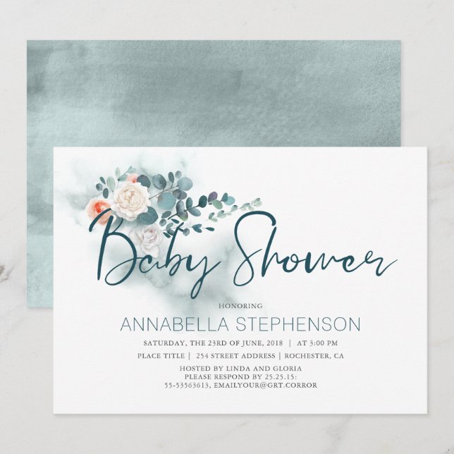 Eucalyptus | Vattenfärgsgrey Baby Shower Inbjudningar (Fram/baksida)
