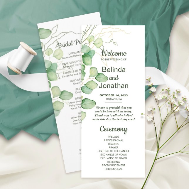 Eucalyptus Vattenfärgsminimalistiskt Bröllopsprogr Program (Skapare uppladdad)