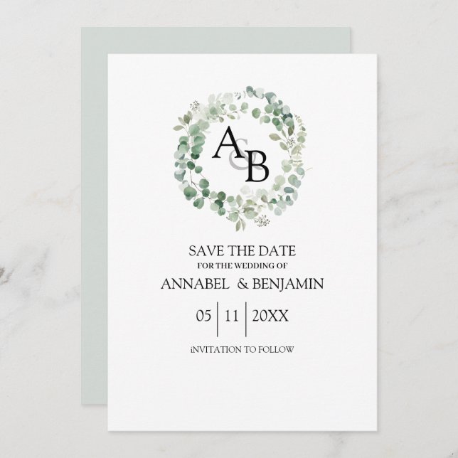 Eucalyptus vattenfärgsutandning Bröllop Spara Datumet (Fram/baksida)
