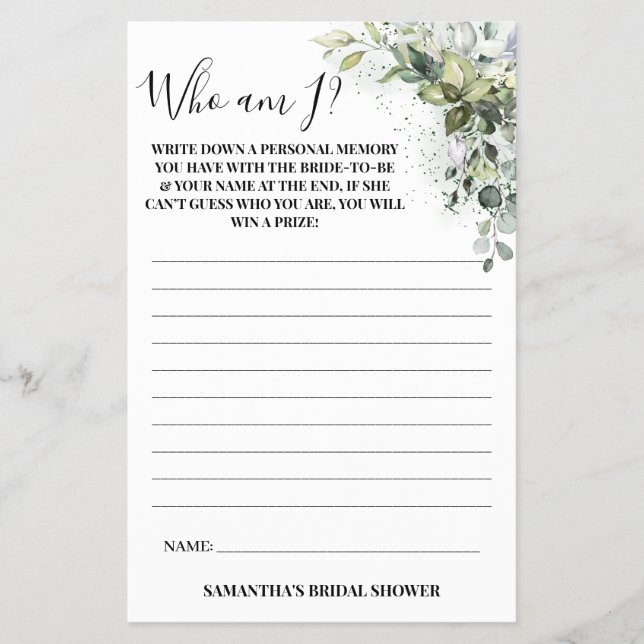 Eucalyptus Vem är jag? Möhippans spelkort Flygblad (Framsidan)