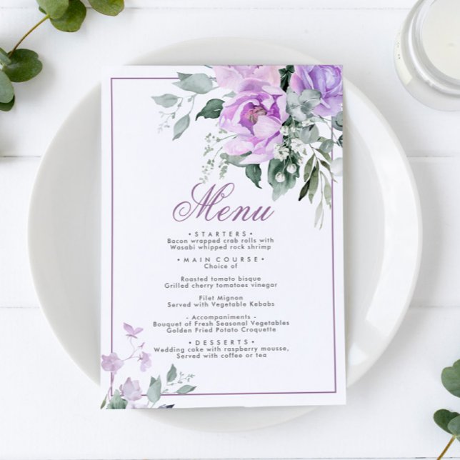 Eucalyptus Violet Flowers Bröllop Menu 5x7 Meny (Skapare uppladdad)
