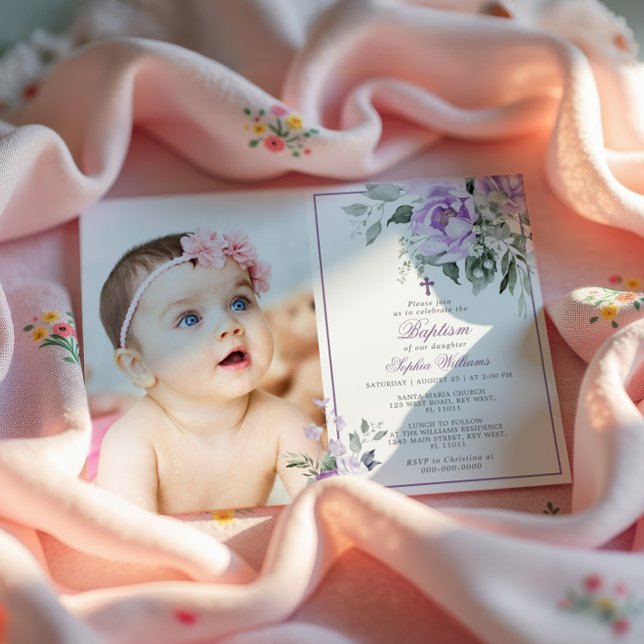 Eucalyptus Violet Flowers Photo Girl Baptism Inbjudningar (Skapare uppladdad)