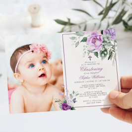 Eucalyptus Violet Flowers Photo Girl Christening Inbjudningar