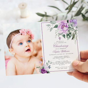 Eucalyptus Violet Flowers Photo Girl Christening Inbjudningar
