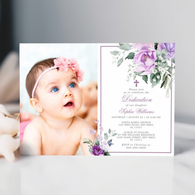 Eucalyptus Violet Flowers Photo Girl Dedication Inbjudningar (Skapare uppladdad)