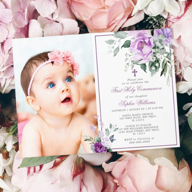 Eucalyptus Violet Photo Girl First Heliga Communio Inbjudningar (Skapare uppladdad)