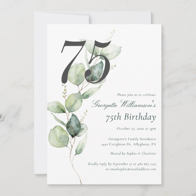 Eucalyptus Watercolor 75th Birthday Script Inbjudningar (Framsida)