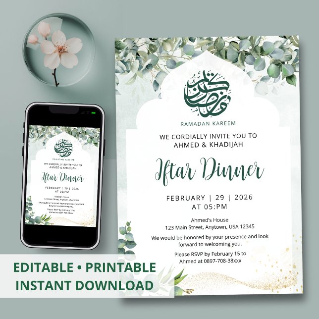 Eucalyptus Watercolor Arch Ramadan Iftar Dinner Inbjudningar (Skapare uppladdad)