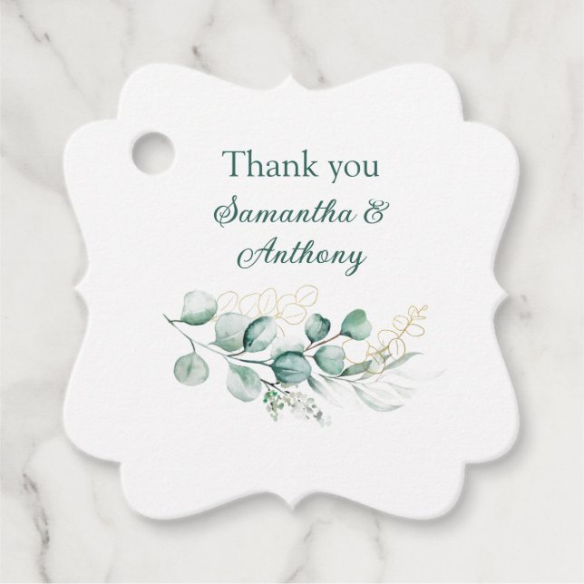 Eucalyptus Watercolor Boho Greenery Sage Bröllop Gåvor Etiketter (Framsida)