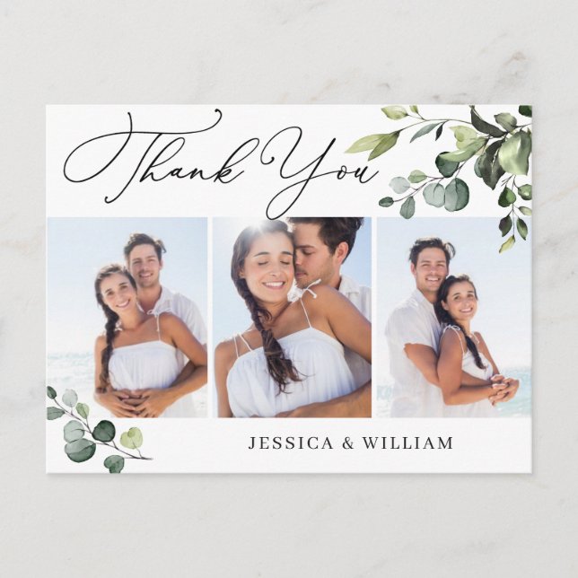 Eucalyptus Watercolor Bröllop 3 Photo Tack QR Vykort (Framsida)