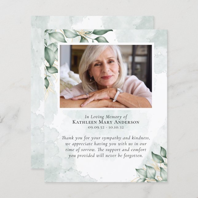 Eucalyptus Watercolor Funeral Tack Prayer (Fram/baksida)