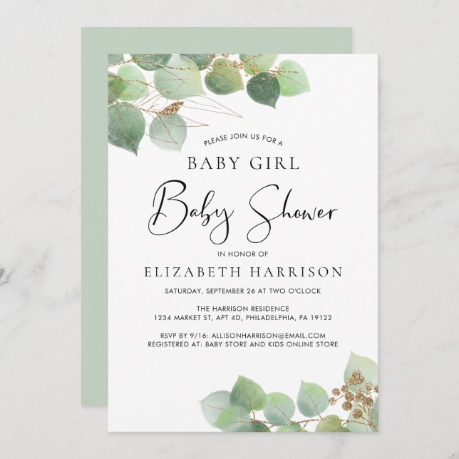 Eucalyptus Watercolor Girl Baby Shower Inbjudningar (Fram/baksida)