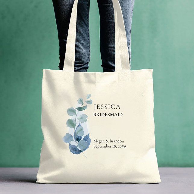 Eucalyptus Watercolor Greenery Bröllop Bridesmaid Tygkasse (Eucalyptus wedding bridemaid tote bag to personalize for anyone or everyone in your bridal party)