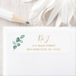 Eucalyptus Watercolor Guld Monogram Returadress Etikett
