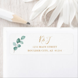 Eucalyptus Watercolor Guld Monogram Returadress Etikett