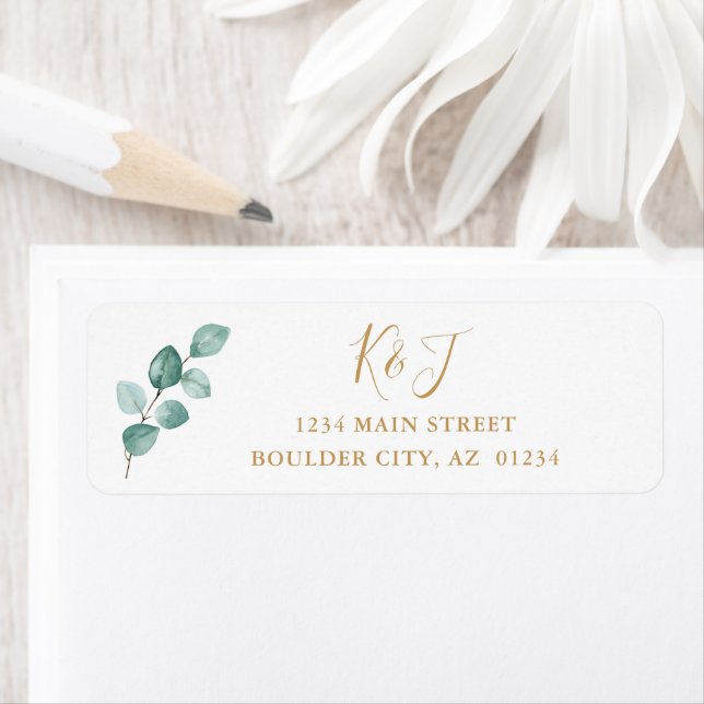 Eucalyptus Watercolor Guld Monogram Returadress Etikett (Insitu)