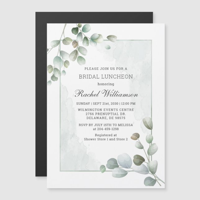 Eucalyptus Watercolor Möhippa Luncheon Magnetisk Inbjudningskort (Fram/baksida)