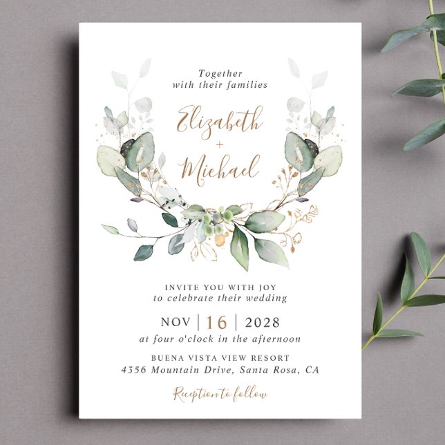 Eucalyptus Watercolor Photo QR Code Bröllop Inbjudningar (Celebrate your love story with a save the date that exudes timeless beauty and elegance)