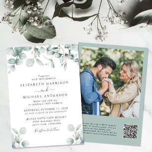 Eucalyptus Watercolor Photo QR Code Bröllop Inbjudningar