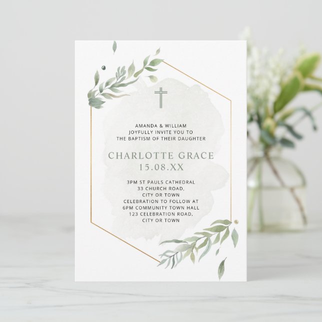 Eucalyptus Watercolor Sage Grönt & Guld Baptism Inbjudningar (Stående Fram)