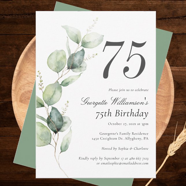 Eucalyptus Watercolor Script 75:e Birthday Inbjudningar (Eucalyptus Minimalist 75th Birthday Party Invitation)