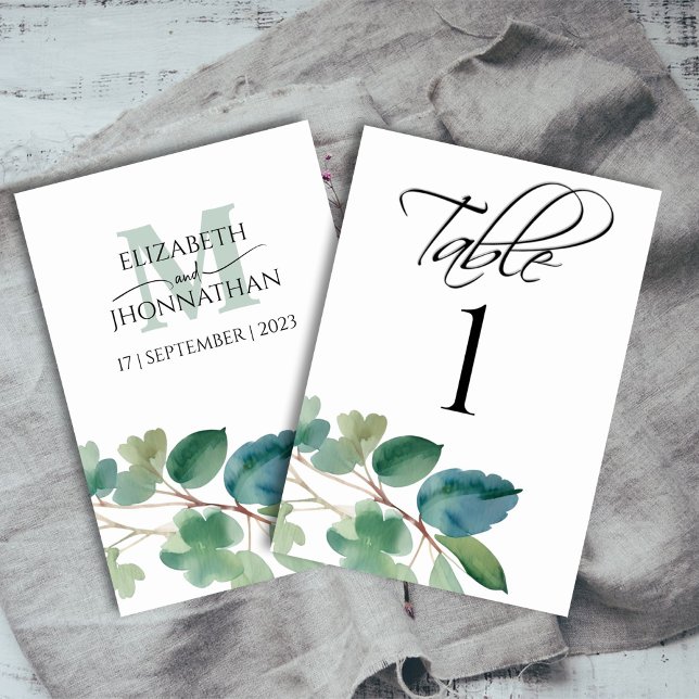 Eucalyptus Watercolor Script Bröllop Monogram Bordsnummer (Skapare uppladdad)