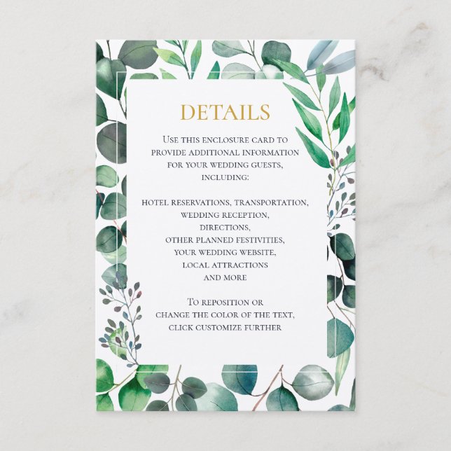 Eucalyptus Watercolor Wedding Invitation, Details Tilläggskort (Framsida)