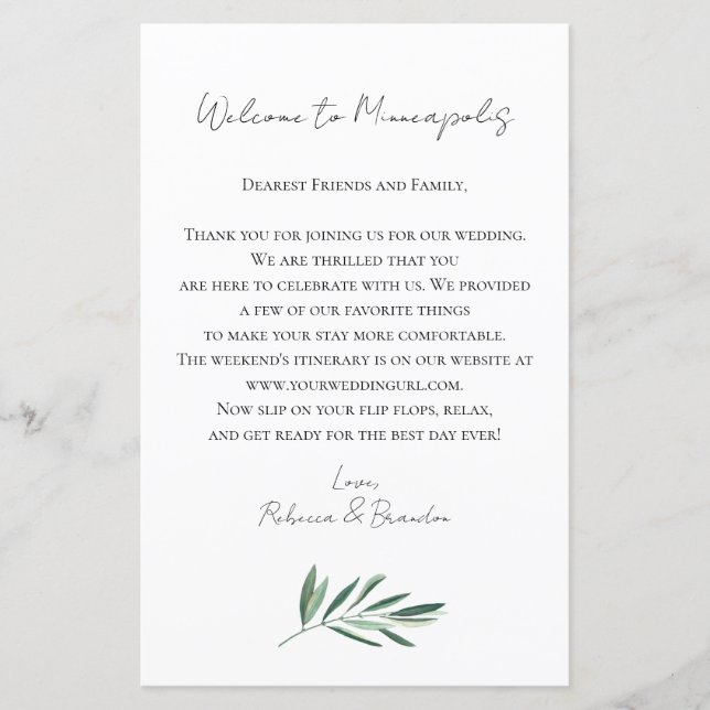 Eucalyptus Wedding Welcome Bag Letter (Framsida)