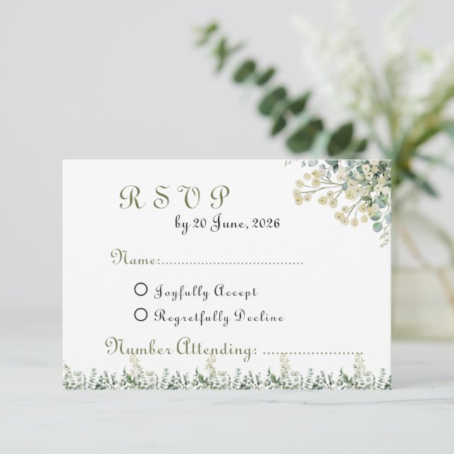 Eucalyptus & White Florals Botanical Wedding  OSA Kort (Stående Fram)