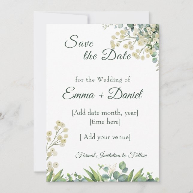 Eucalyptus & White Florals Botanical Wedding Spara Datumet (Framsida)