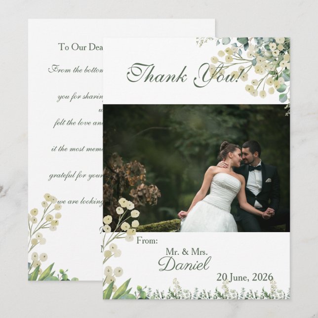 Eucalyptus & White Florals Botanical Wedding Tack Kort (Fram/baksida)