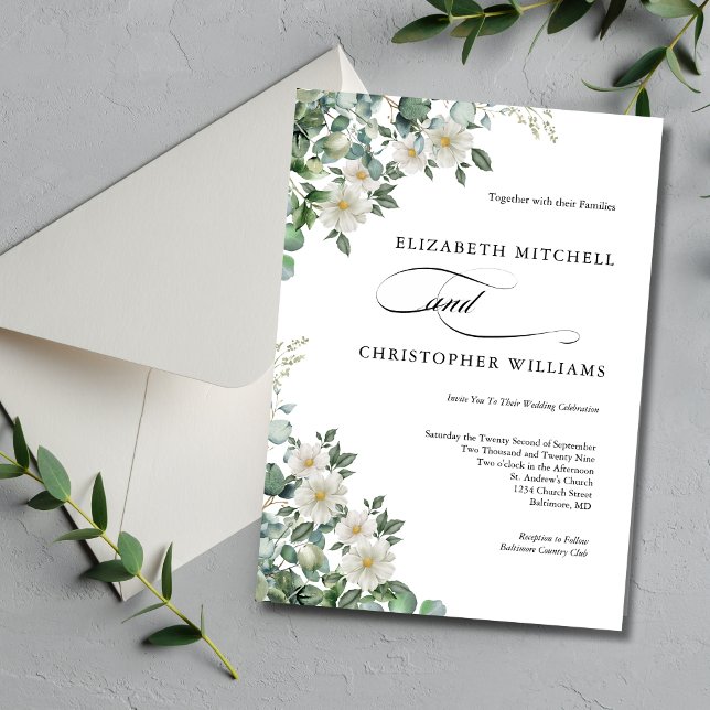 Eucalyptus White Flowers Greenery Elegant bröllop Inbjudningar (Eucalyptus and White Floral Watercolor Elegant Modern Trendy Wedding Invitation)