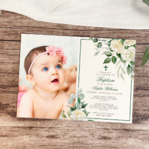 Eucalyptus White Flowers Photo Girl Baptism Inbjudningar