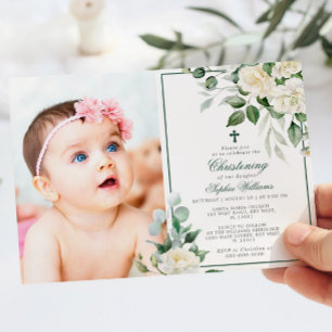 Eucalyptus White Flowers Photo Girl Christening Inbjudningar