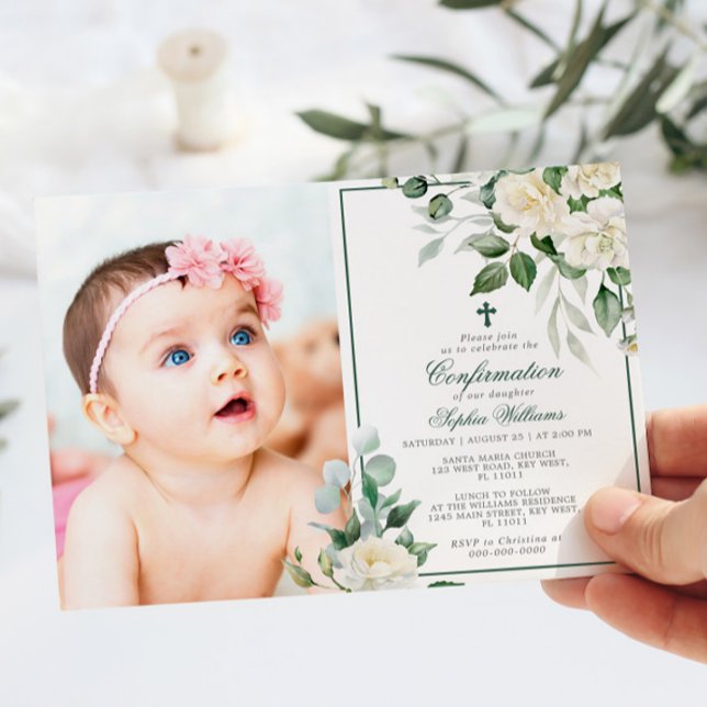 Eucalyptus White Flowers Photo Girl Confirmation Inbjudningar (Skapare uppladdad)