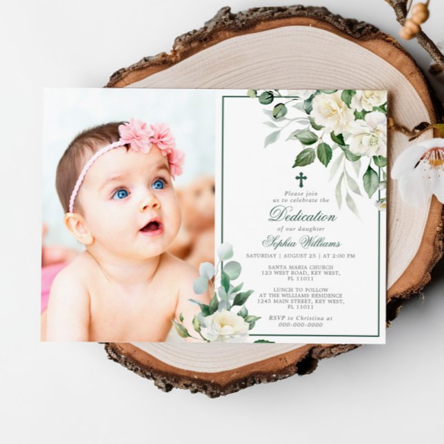Eucalyptus White Flowers Photo Girl Dedication Inbjudningar (Skapare uppladdad)