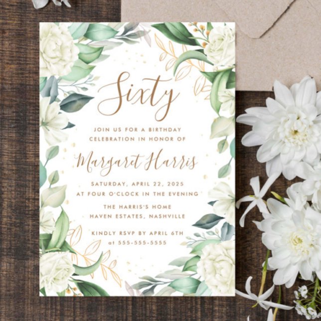 Eucalyptus White Guld Blommigt 60:e födelsedagen Inbjudningar (Skapare uppladdad)