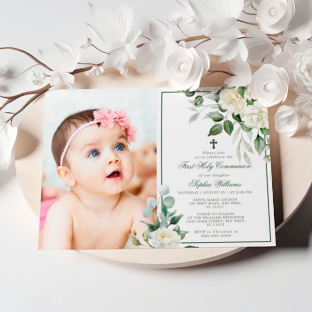 Eucalyptus White Photo Girl First Heliga Communion Inbjudningar (Skapare uppladdad)