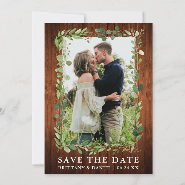 Eucalyptus Wood Save Date Card Spara Datumet (Framsida)
