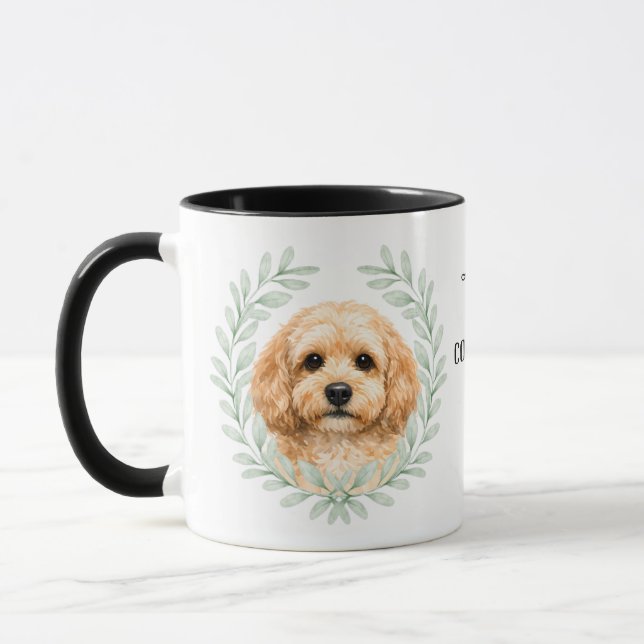 Eucalyptus Wreath Buff Cockapoo Dog Monogram Mugg (Vänster)