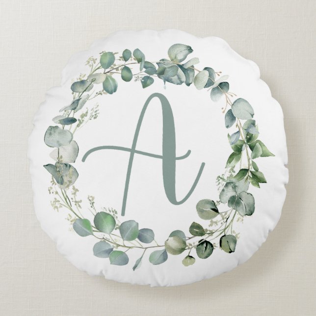 Eucalyptus Wreath Typography Monogram Initial A  Rund Kudde (Framsidan)