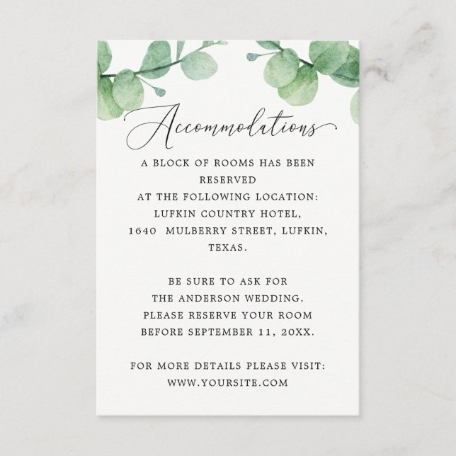 Eucalyptusboende | Information om hotell för bröll Tilläggskort (Framsida)