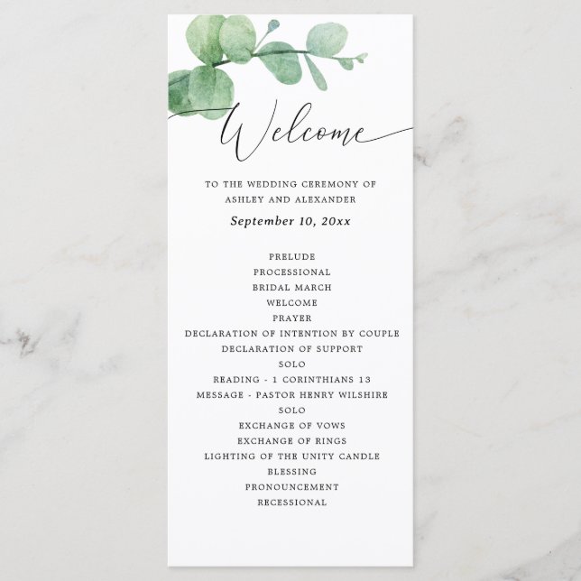 Eucalyptusbröllop | Botanisk grön ceremonie Program (Framsida)