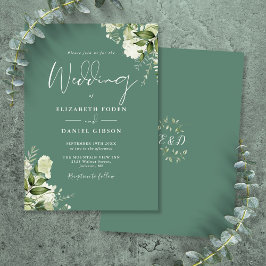 Eucalyptusgrön blomster monogram bröllop inbjudningar