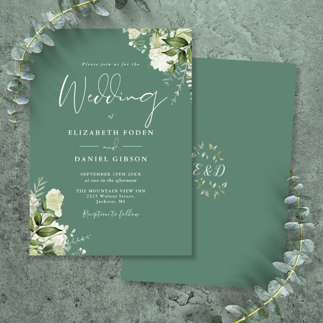 Eucalyptusgrön blomster monogram bröllop inbjudningar (Eucalyptus Green Floral Monogram Wedding Invitation)