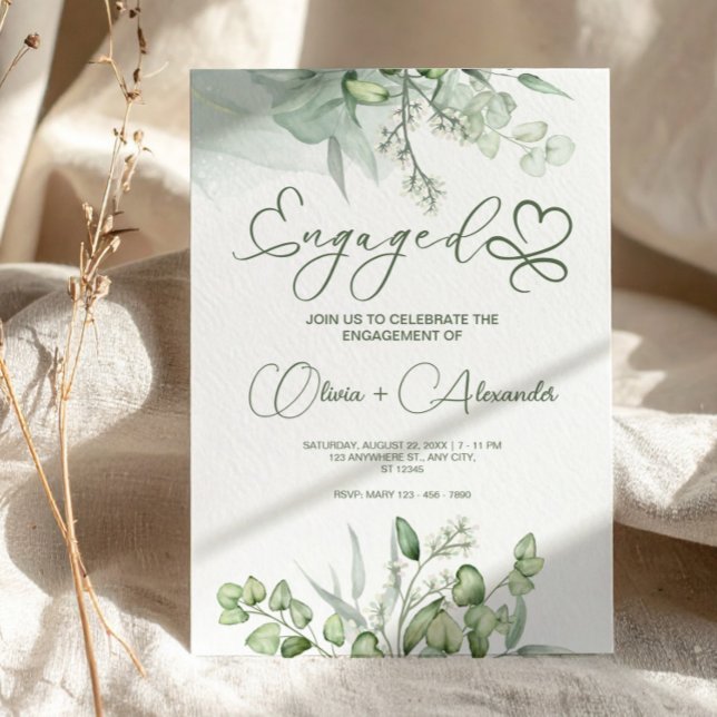 Eucalyptusgrön förlovningskort, unik bröllops- inbjudningar (Eucalyptus Green Engagement Card, Unique Wedding Invitation)