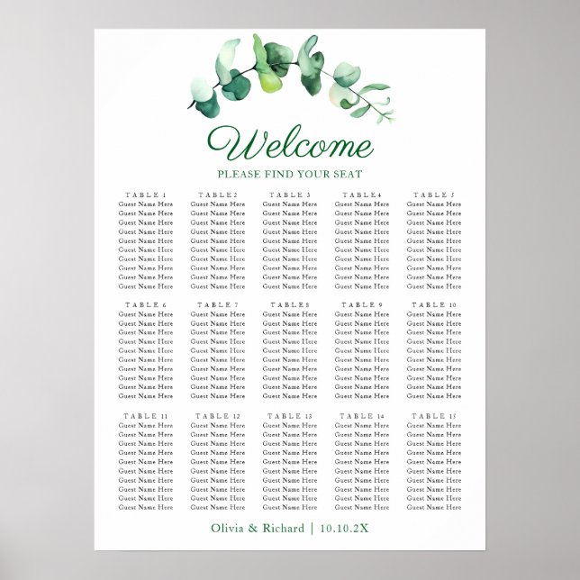 Eucalyptusgrönska 15 Bord Bröllopsställningsschema Poster (Framsidan)