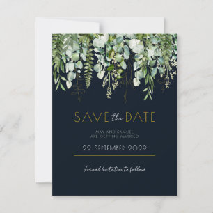 Eucalyptusgrönska och marinblå Save the Date-inbju