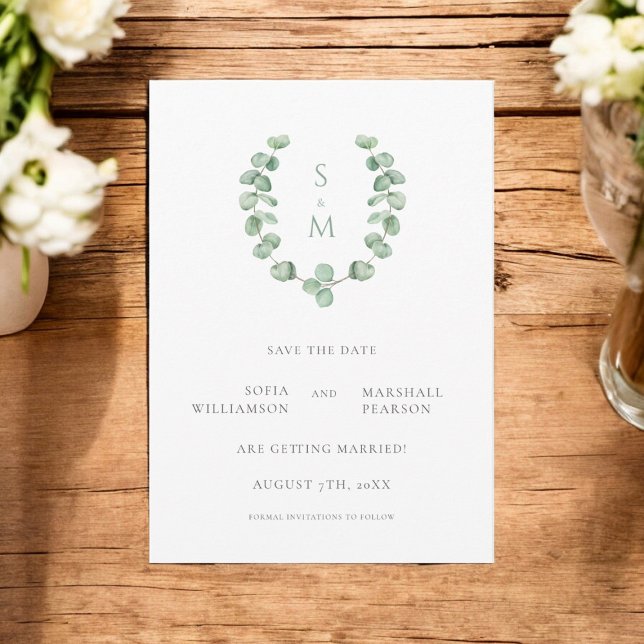 Eucalypus monogram spara datumet inbjudningar (beautiful clean monogram save the date with green folage 
)